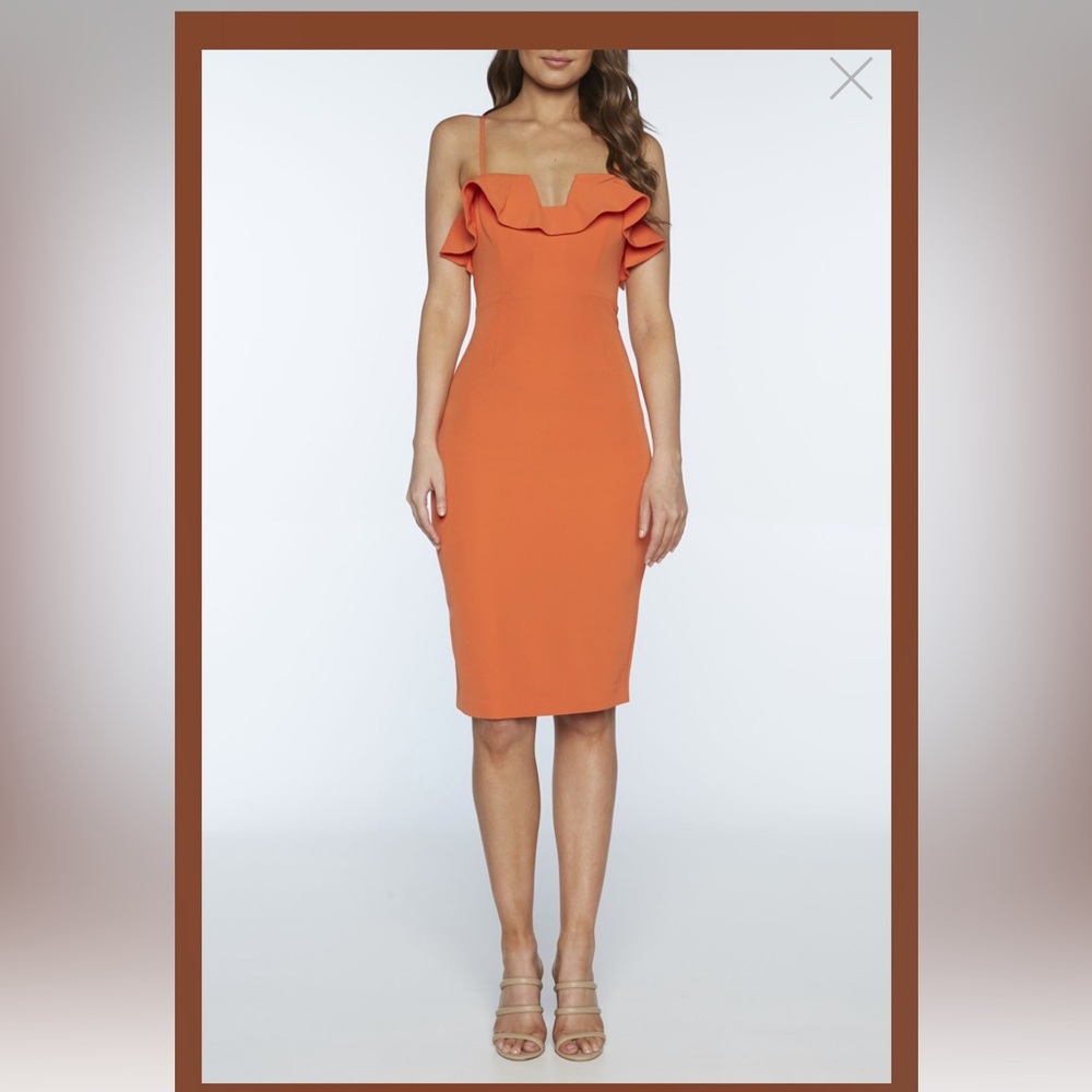 Orange Bardot Midi Dress with Ruffle Bust